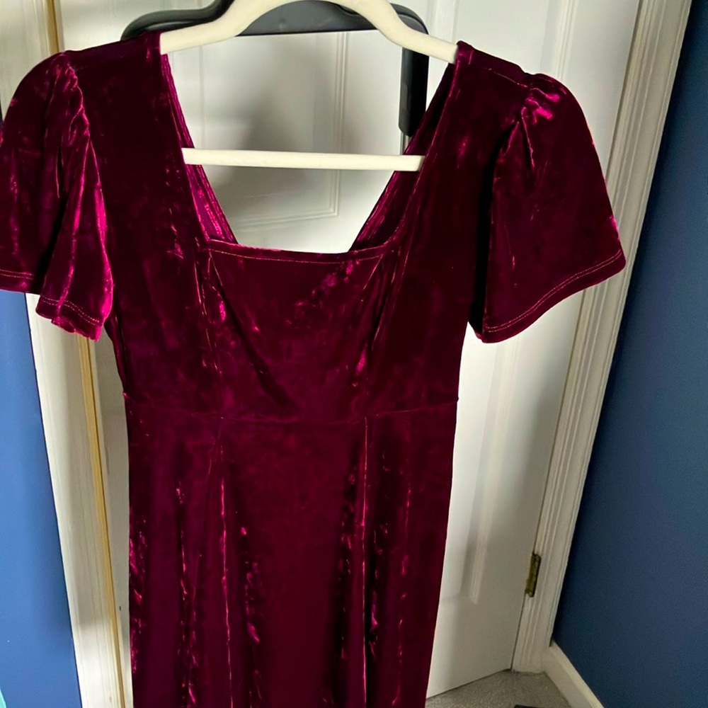 Burgundy Dress Short Sleeve Velvet Midi XS